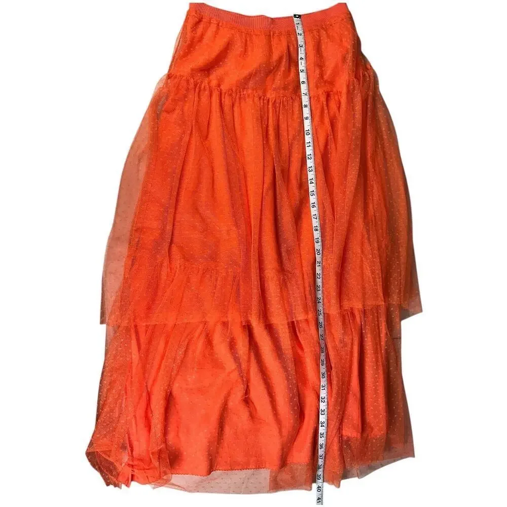 Anthropologie Orange Tiered Maxi Skirt Size Small Pull-On Mesh Overlay Boho Flow